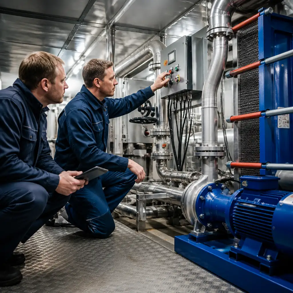 Two technicians kneeling at control panel beside blue pump