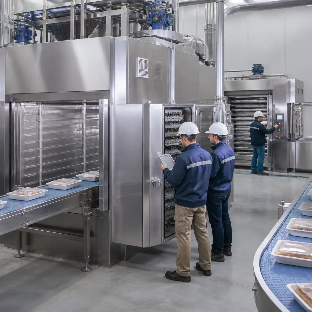 Technicians in hard hats inspecting open electrical cabinet, conveyor trays