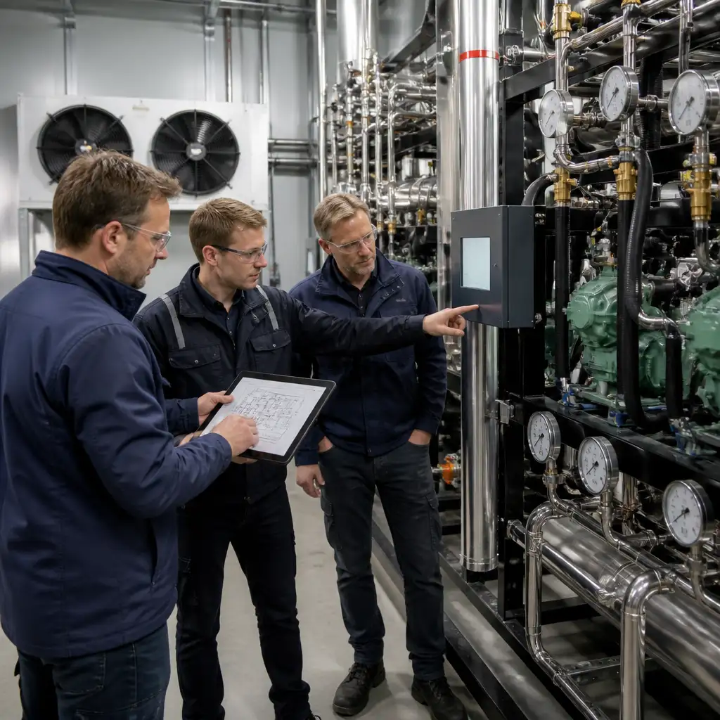 Three technicians with tablet pointing at refrigeration control panel