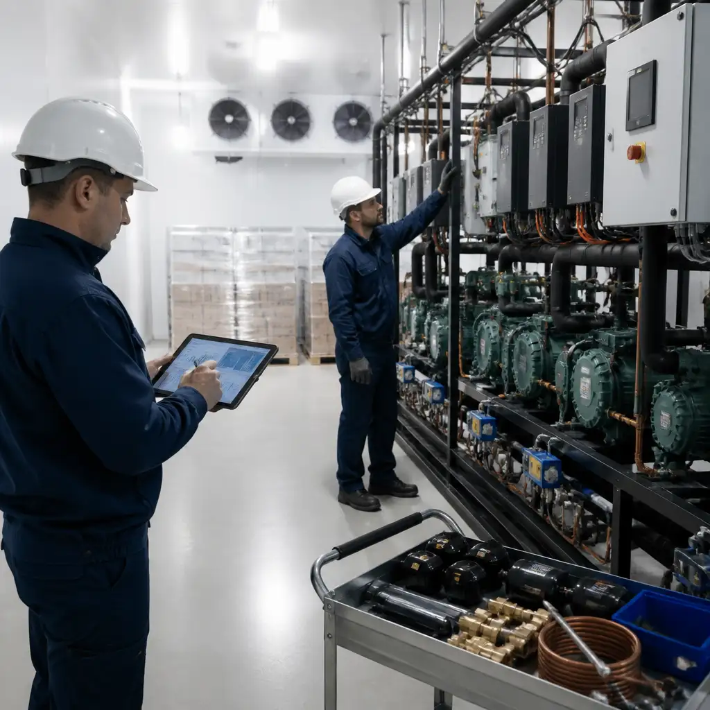 Two technicians in hard hats inspecting refrigeration rack and tablet