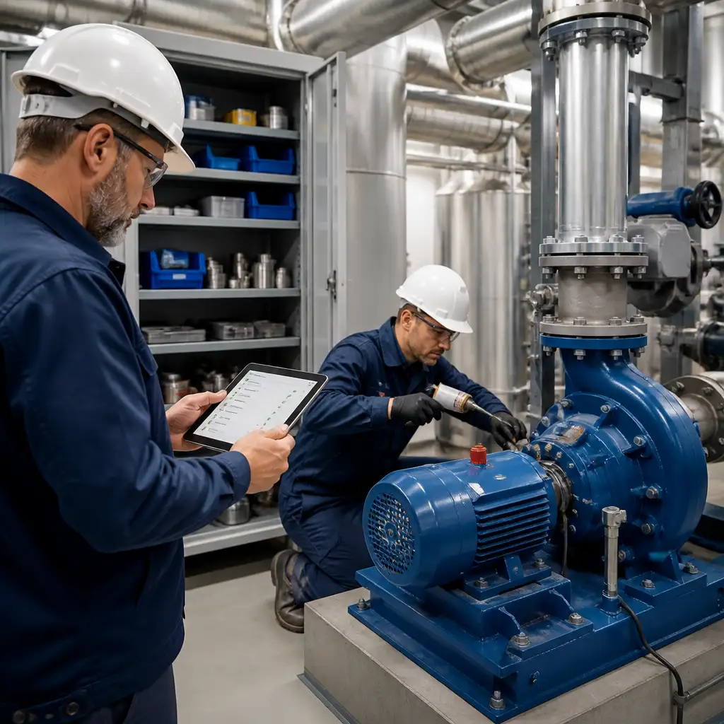 Technician with tablet and another lubricating blue pump