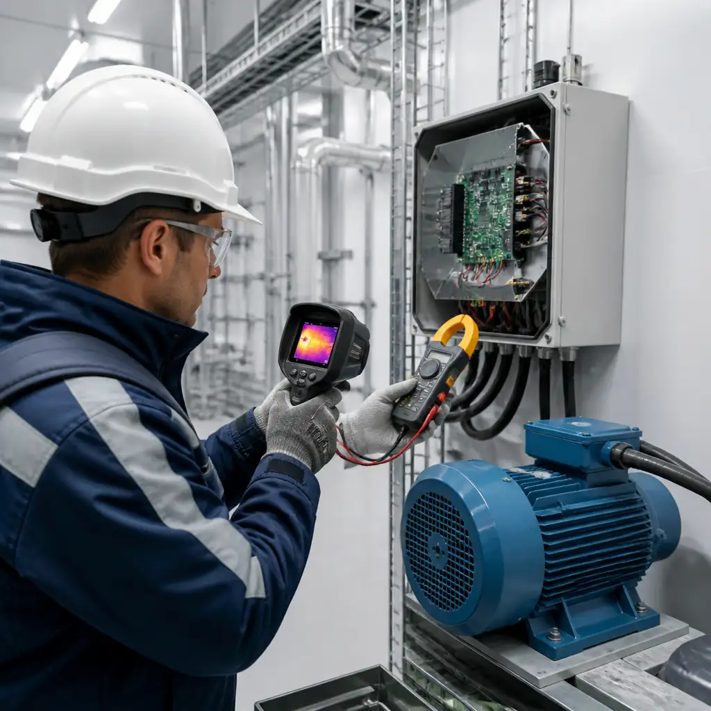 Technician in hard hat using thermal camera and clamp meter