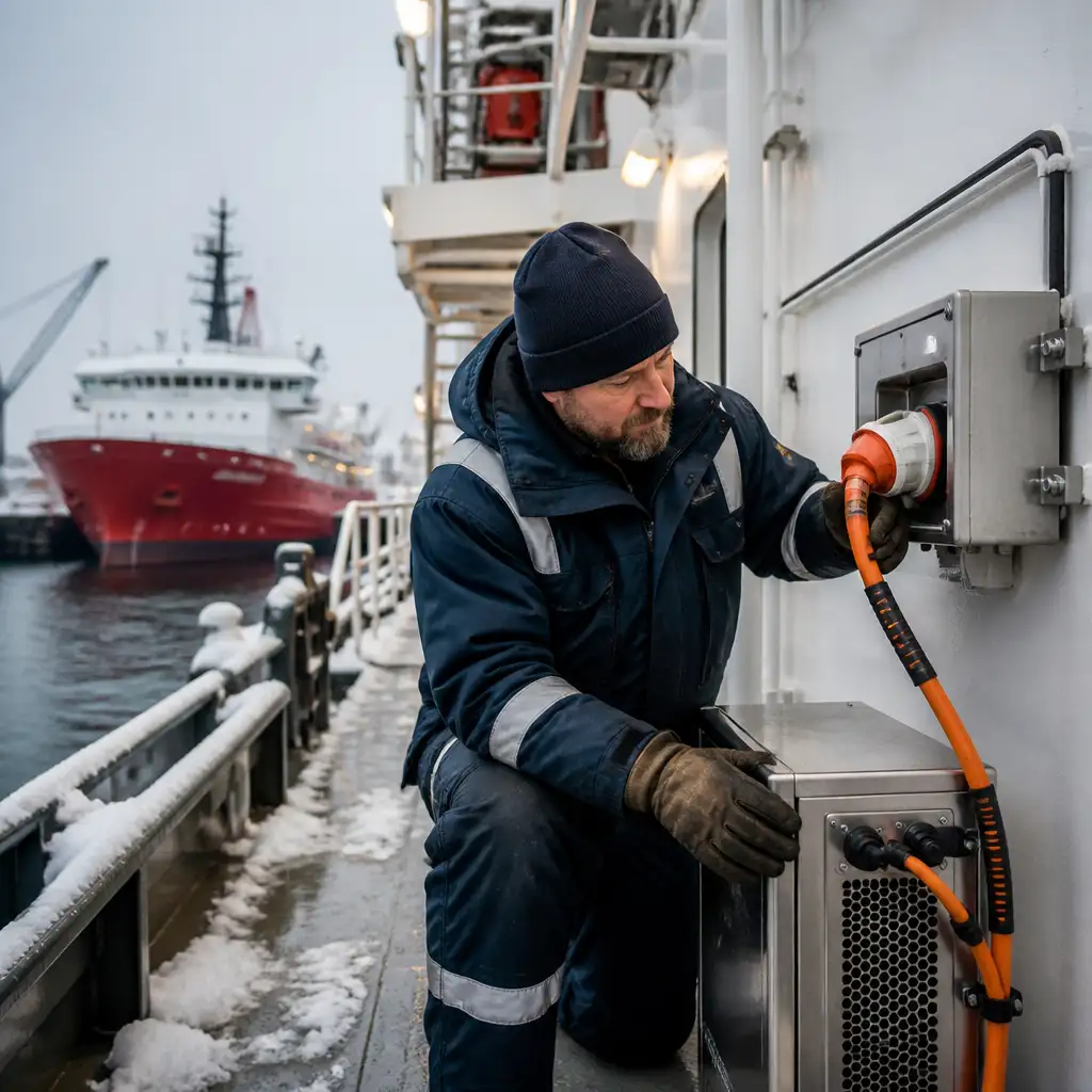 Person in winter gear connecting orange power cable on deck