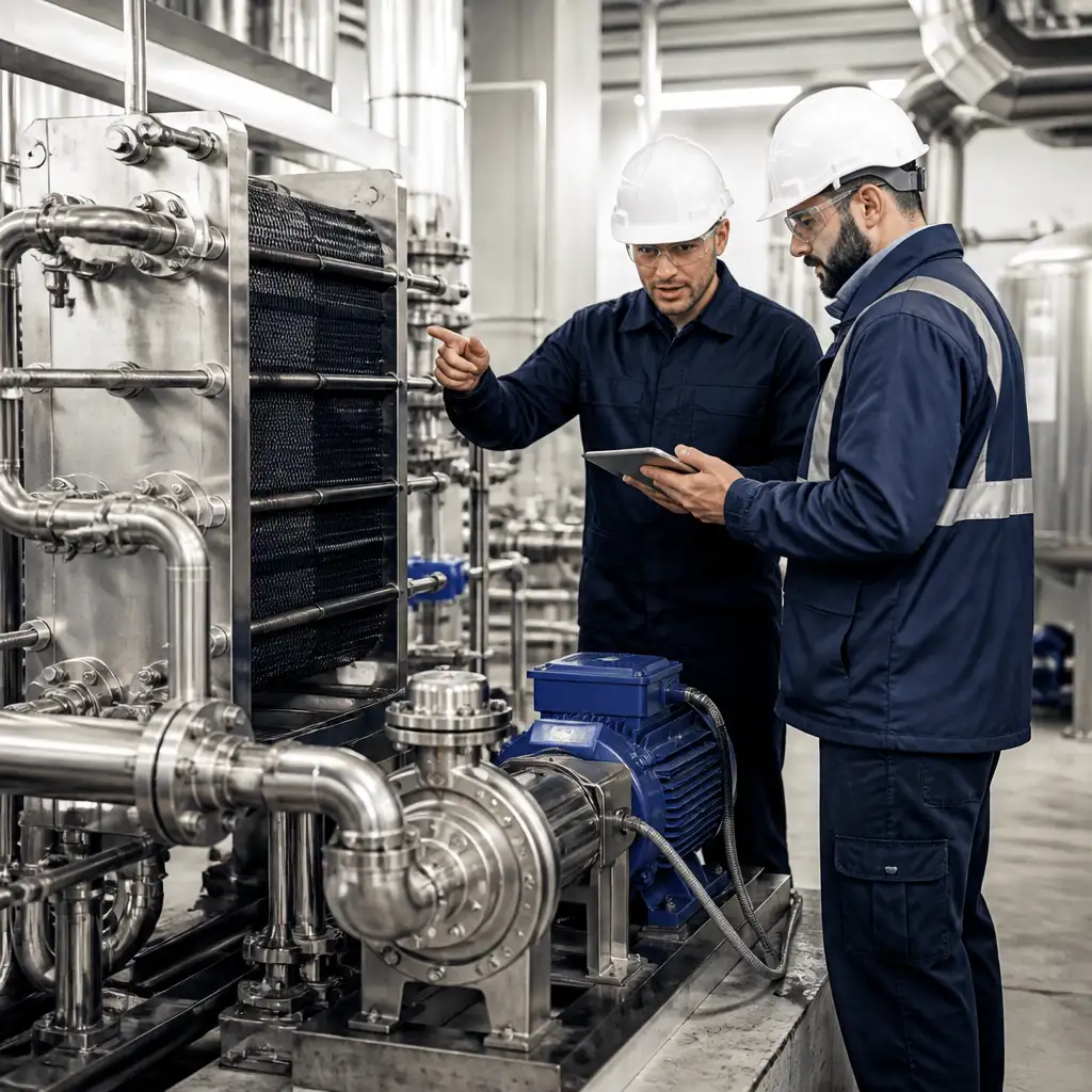 Two technicians with tablet beside industrial pump and heat exchanger