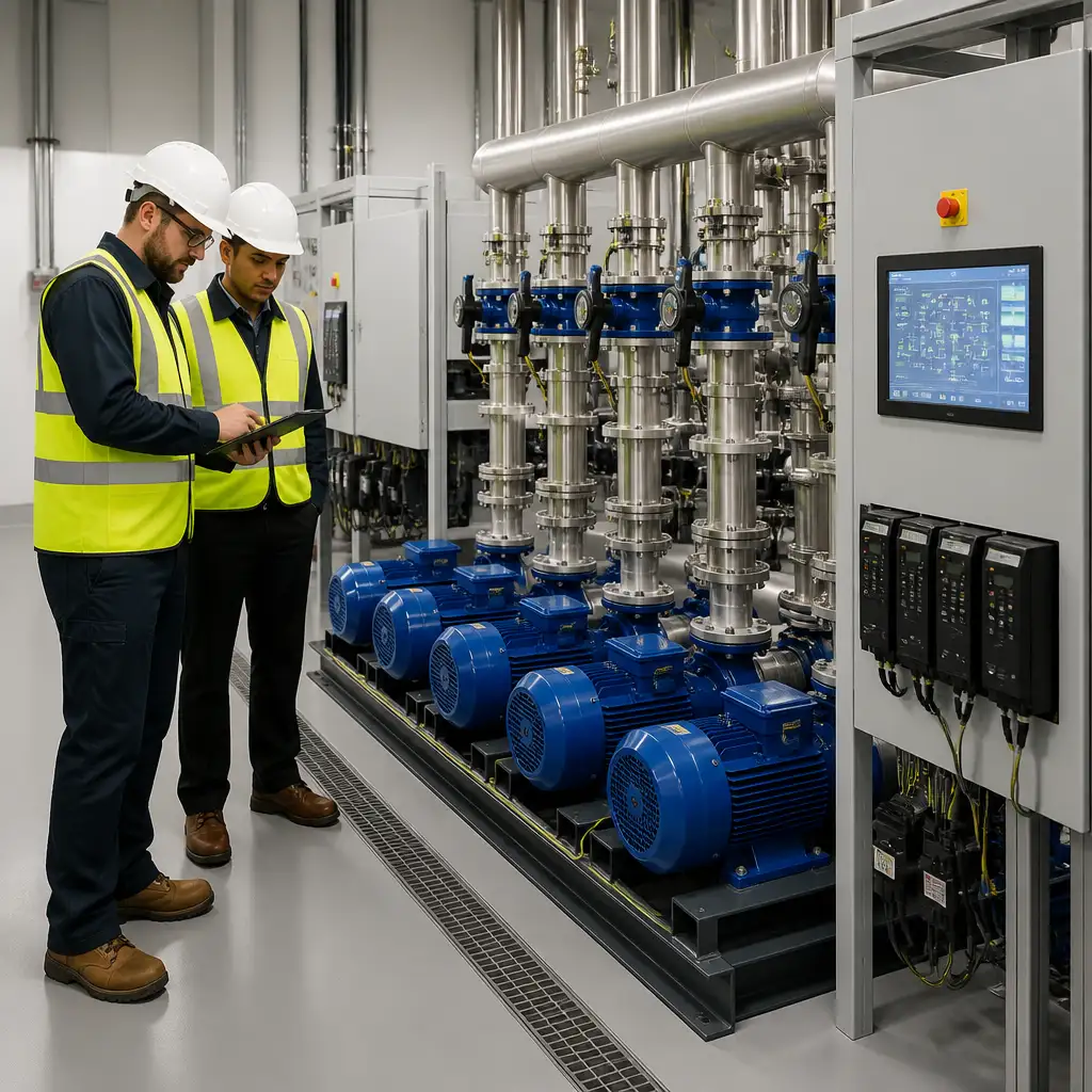 Two engineers in hard hats beside pumps and control panel