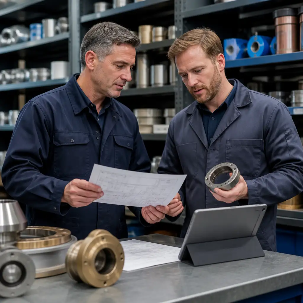 Two men examining a metal part and schematic by tablet