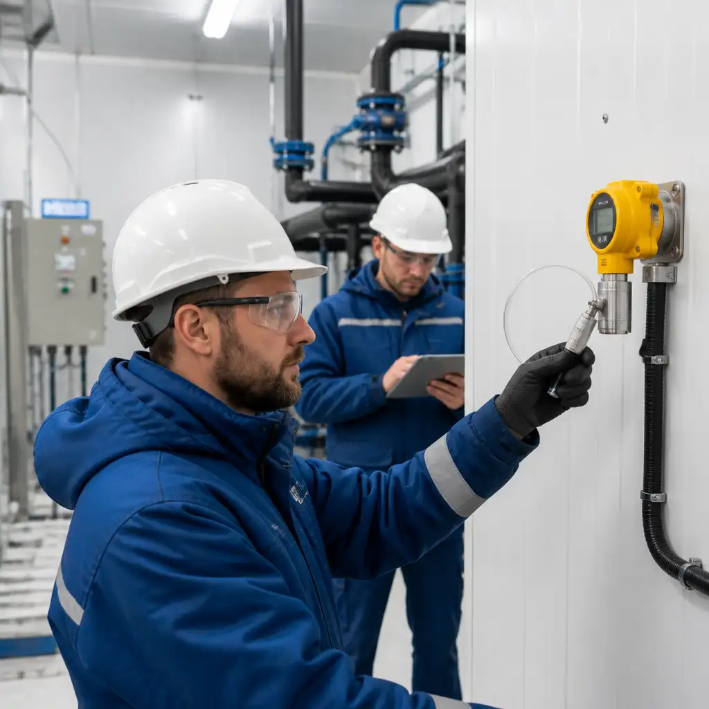 Technicians in hard hats testing yellow sensor mounted on wall