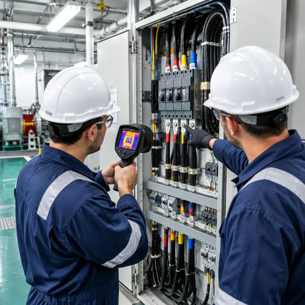 Two technicians using thermal camera inspecting electrical switchboard