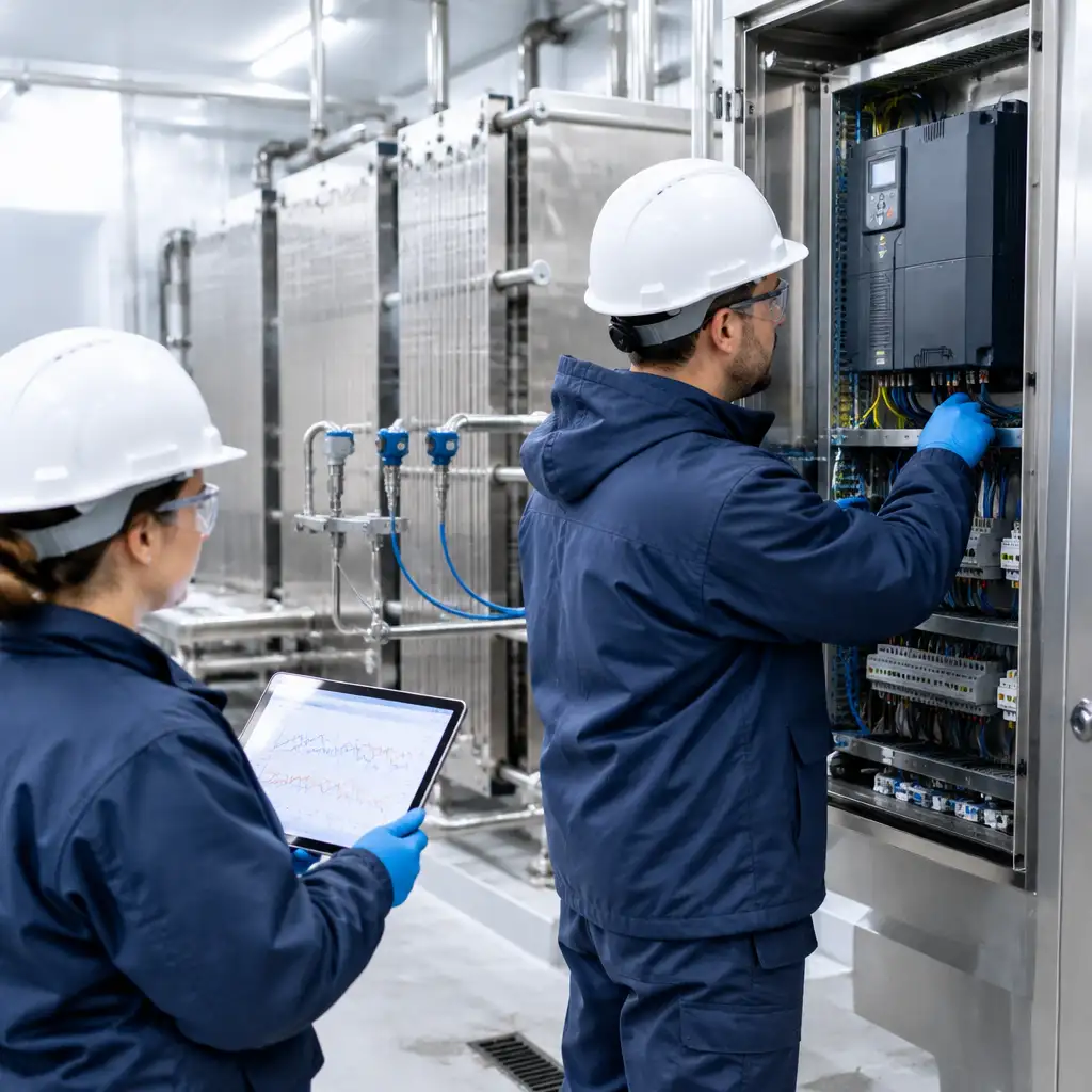 Two engineers in hard hats inspecting electrical cabinet with tablet