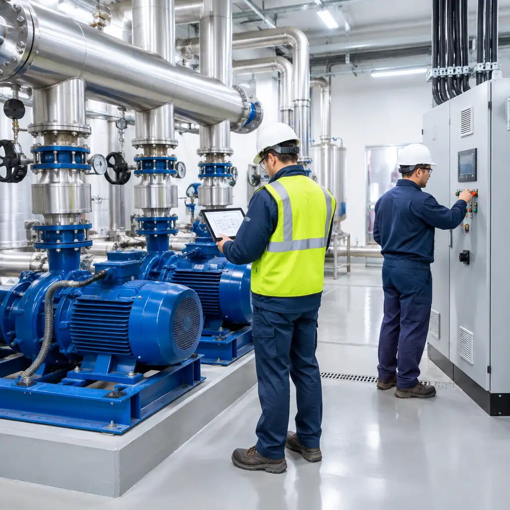 Two technicians in hard hats beside blue pumps and panel