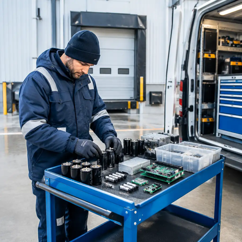 Technician in insulated jacket arranging electronic components on blue cart