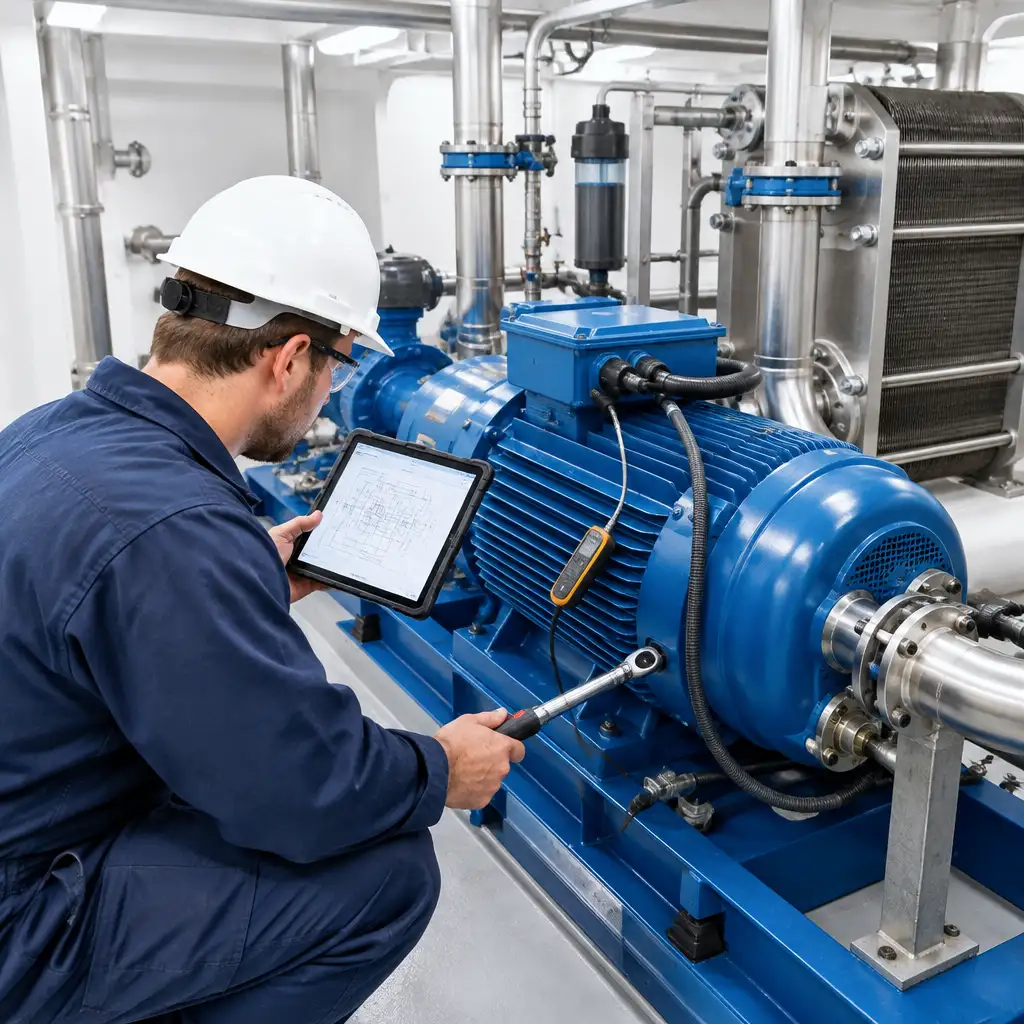 Technician with tablet and wrench at blue motor