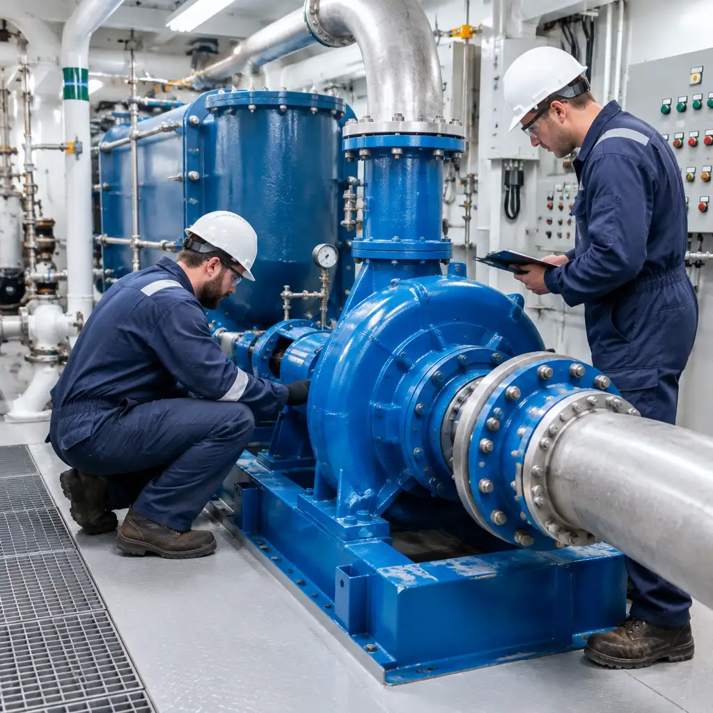 Two technicians inspecting large blue industrial pump and piping