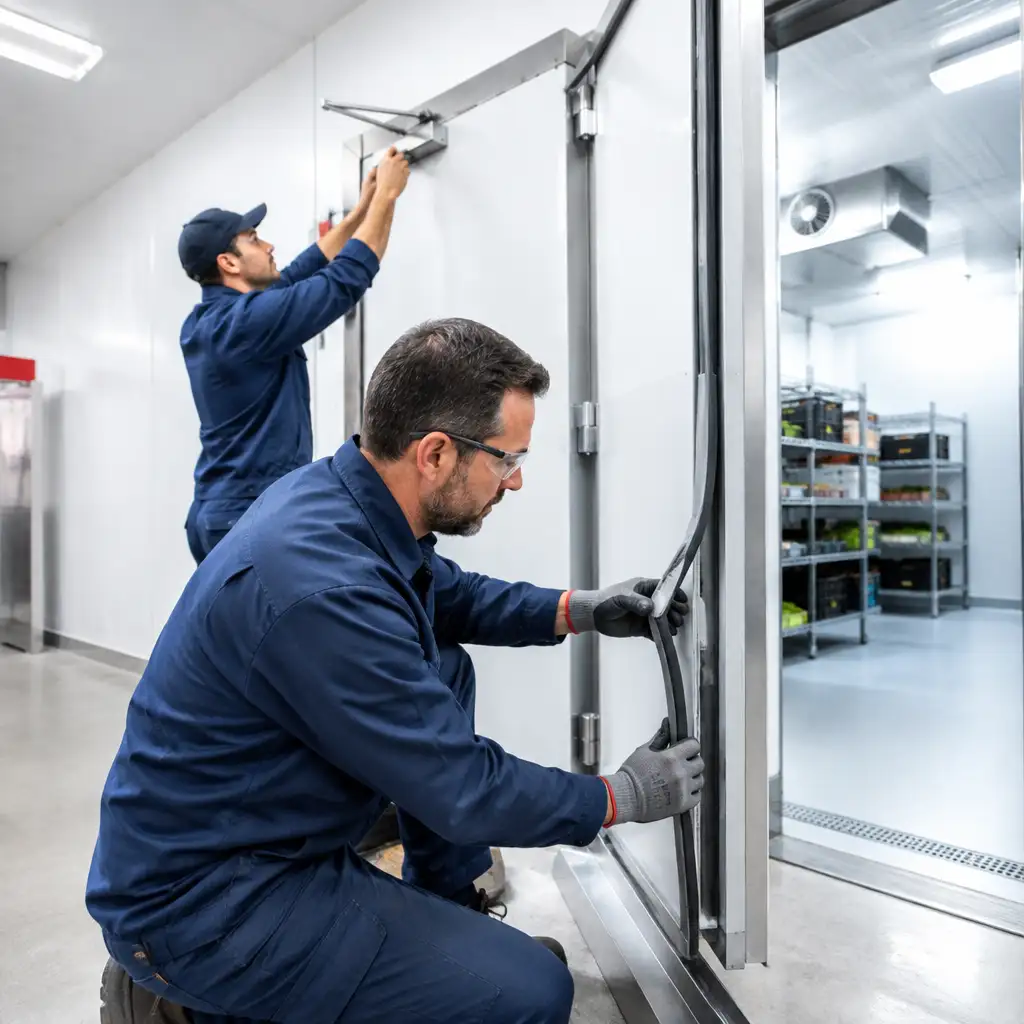 Two technicians replacing gasket and adjusting door closer
