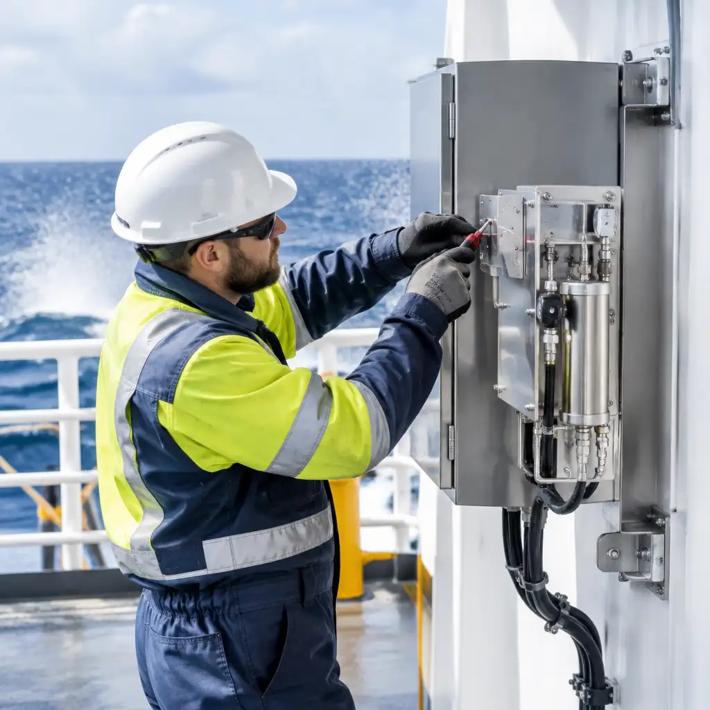 Technician with hard hat adjusting metal electrical enclosure on deck