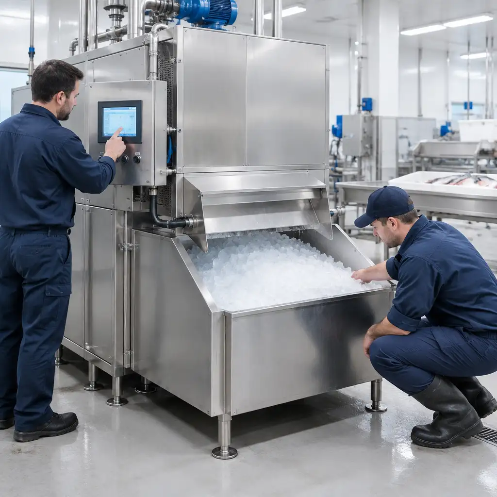 Two technicians inspecting stainless steel ice machine and ice bin