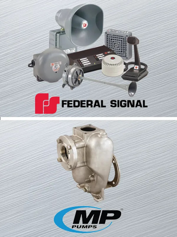 Federal Signal siren and alert equipment set, MP Pumps stainless centrifugal pump unit