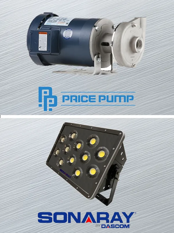 Price Pump centrifugal pump motor assembly, Sonaray LED floodlight fixture panel
