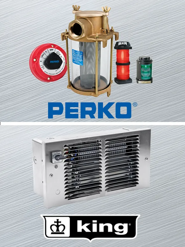 Perko marine filter housing and accessories, King electric ventilation heater unit