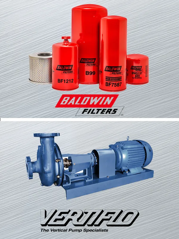 Baldwin Filters engine filter set red cartridges, Vertiflo industrial pump and motor assembly